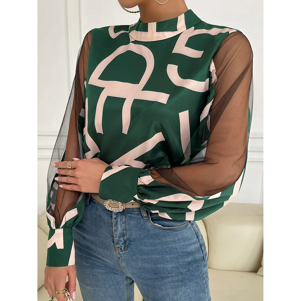 Round Neck Pullover Top Geometric Print Stitching Mesh Round Neck Pullover Top