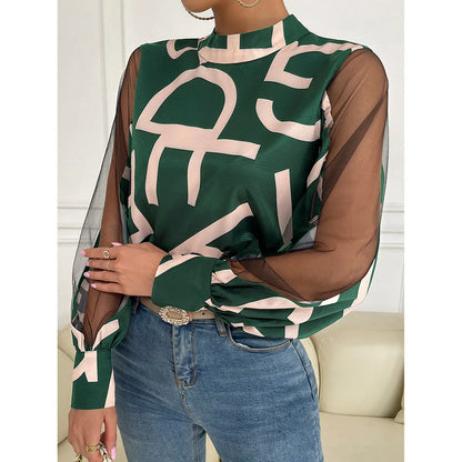 Round Neck Pullover Top Geometric Print Stitching Mesh Round Neck Pullover Top