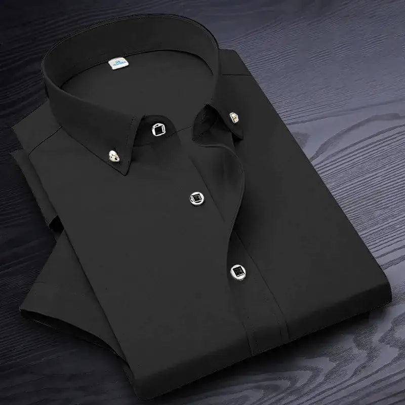 High Quality Non-ironing Men Dress Shirt Short Sleeve New Solid Male Clothing Fit Business Shirts White Blue Navy Black Red - sumet.shop