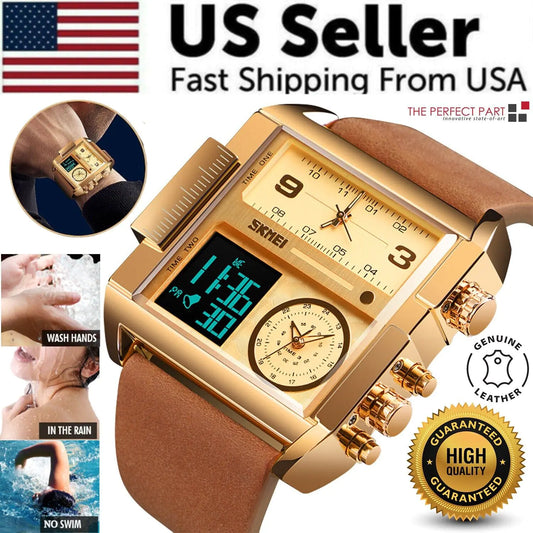 SKMEI Men Watch Large Dial Digital Quartz Sport Stopwatch Leather Wristwatch New - sumet.shop