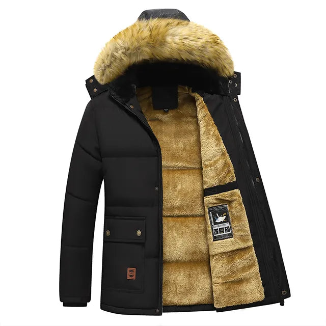 Windproof Fleece Thick Jacket Coat Men Fashion Hooded Fur Collar - sumet.shop