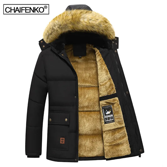 Windproof Fleece Thick Jacket Coat Men Fashion Hooded Fur Collar - sumet.shop