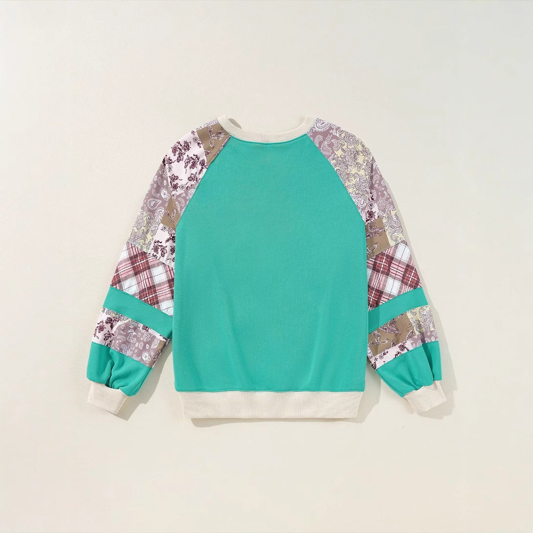 Floral Patchwork Loose Round Neck Sweater Casual Loose