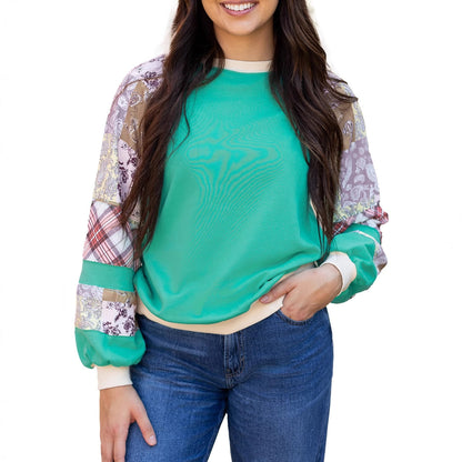 Floral Patchwork Loose Round Neck Sweater Casual Loose