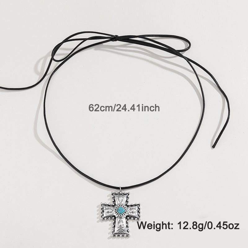 Personalized Turquoise Wax Rope Necklace Embossed Vintage Cross - sumet.shop