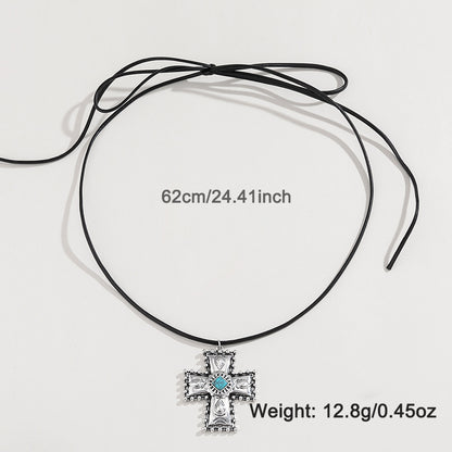 Personalized Turquoise Wax Rope Necklace Embossed Vintage Cross - sumet.shop