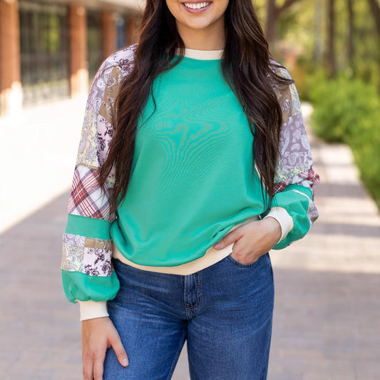 Floral Patchwork Loose Round Neck Sweater Casual Loose