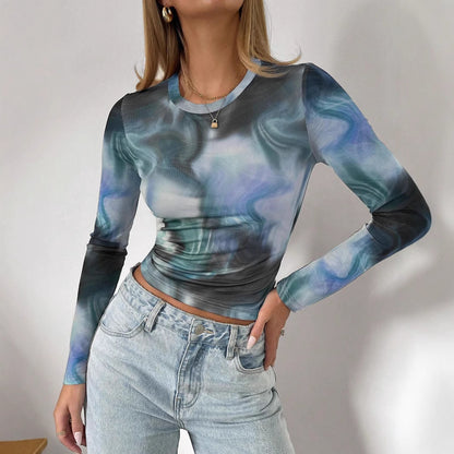 Spring New Elegant Women's Printed Round Neck, Slim-fit, Long-sleeved Top
