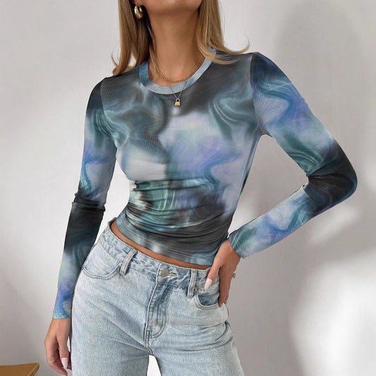 Spring New Elegant Women's Printed Round Neck, Slim-fit, Long-sleeved Top