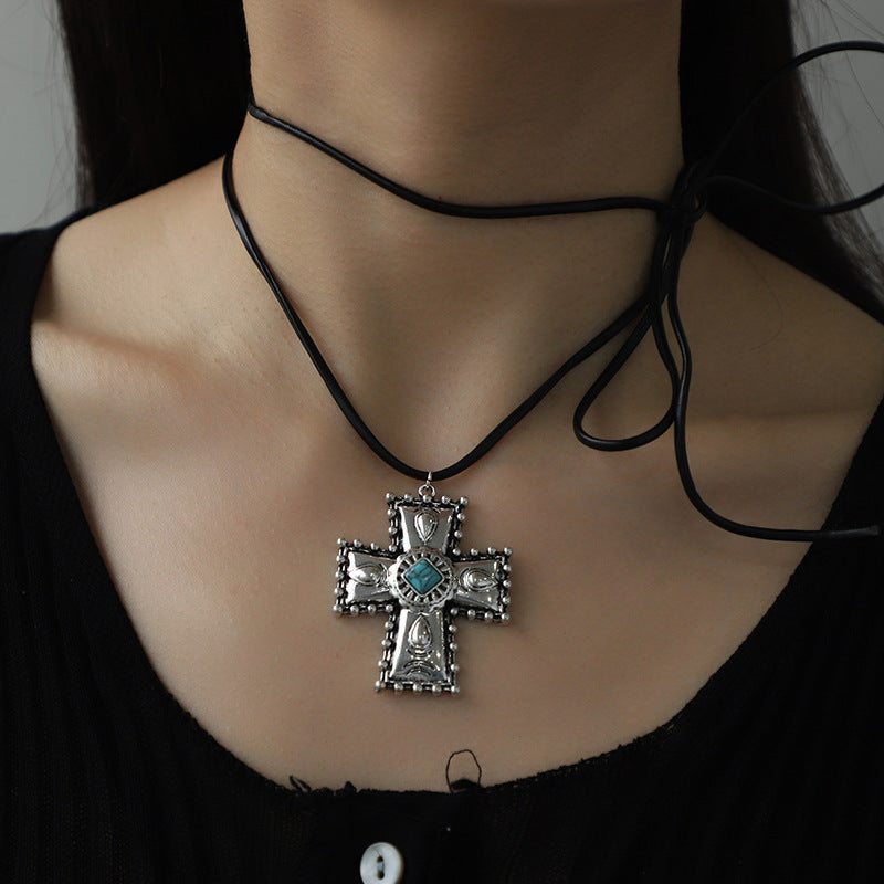 Personalized Turquoise Wax Rope Necklace Embossed Vintage Cross - sumet.shop