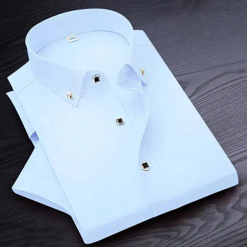 High Quality Non-ironing Men Dress Shirt Short Sleeve New Solid Male Clothing Fit Business Shirts White Blue Navy Black Red - sumet.shop