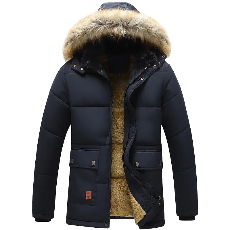 Windproof Fleece Thick Jacket Coat Men Fashion Hooded Fur Collar - sumet.shop