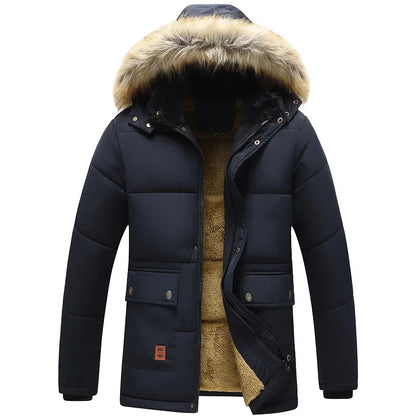 Windproof Fleece Thick Jacket Coat Men Fashion Hooded Fur Collar - sumet.shop