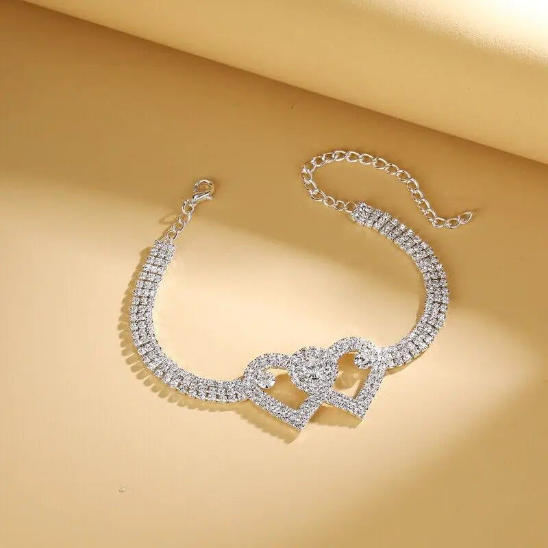 Double Heart Anklet Bracelet Love Barefoot Chain Bling Crystal Ankle Bracelet US - sumet.shop