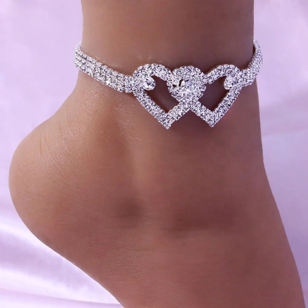 Double Heart Anklet Bracelet Love Barefoot Chain Bling Crystal Ankle Bracelet US - sumet.shop