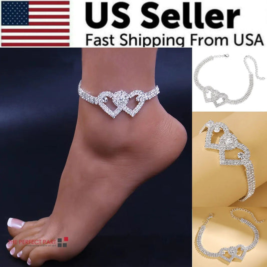 Double Heart Anklet Bracelet Love Barefoot Chain Bling Crystal Ankle Bracelet US - sumet.shop