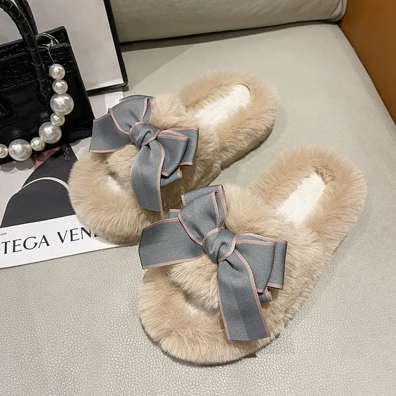 Flat Slippers Cute Fashion Bowknot Plush Flat Slippers