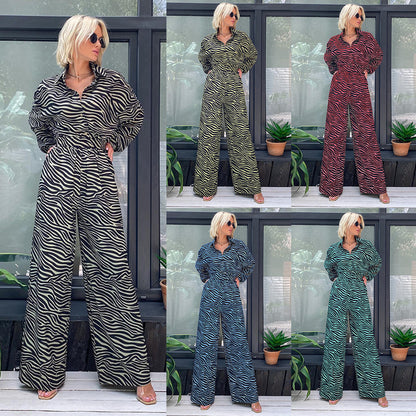 Casual Jumpsuit Fashion Print Lapel Long Sleeve High Waist Loose Casual Jumpsuit