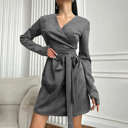 Blanket Dress French Style Young Suede V-neck Stomach Blanket Dress