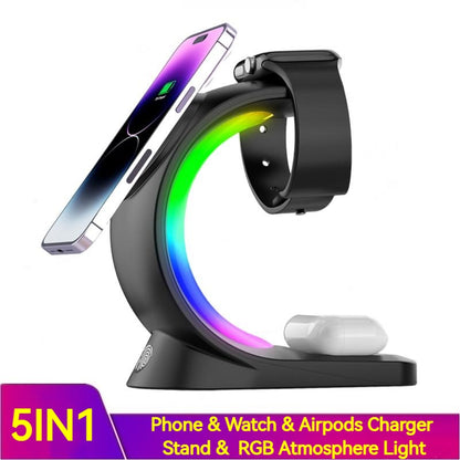 Wireless Charger  4 In 1 Magnetic Wireless Charger Fast Charging For Smart Phone Atmosphere Light Charging Station For Airpods Pro I-phone Watch