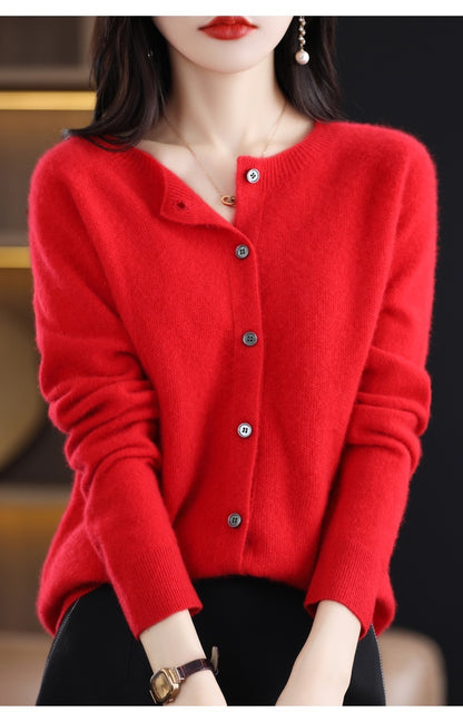 Cashmere Wool Cardigan Sweater Women's O-Neck Long-sleeve