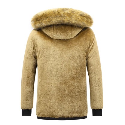 Windproof Fleece Thick Jacket Coat Men Fashion Hooded Fur Collar - sumet.shop