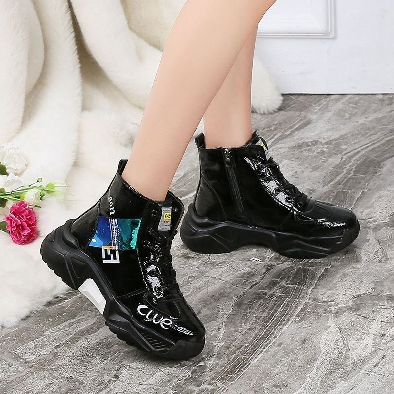 Platform Sneakers Tendon Sole Women's Shoes Patent Leather Platform Single Shoes Platform Sneakers