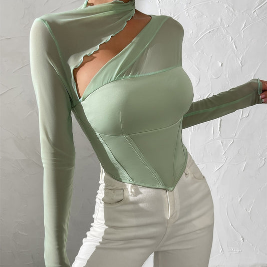 Europe And America's New Slim-Fitting T-shirt Women's Mesh Splicing Hollow