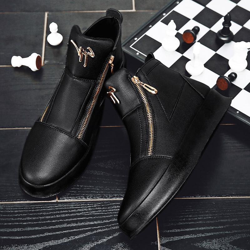 White Leather Boots Wedding Photography White Leather Boots Personality Metal Men's Shoes Double Zipper Fashion Brand Sports Casual Borad Shoes