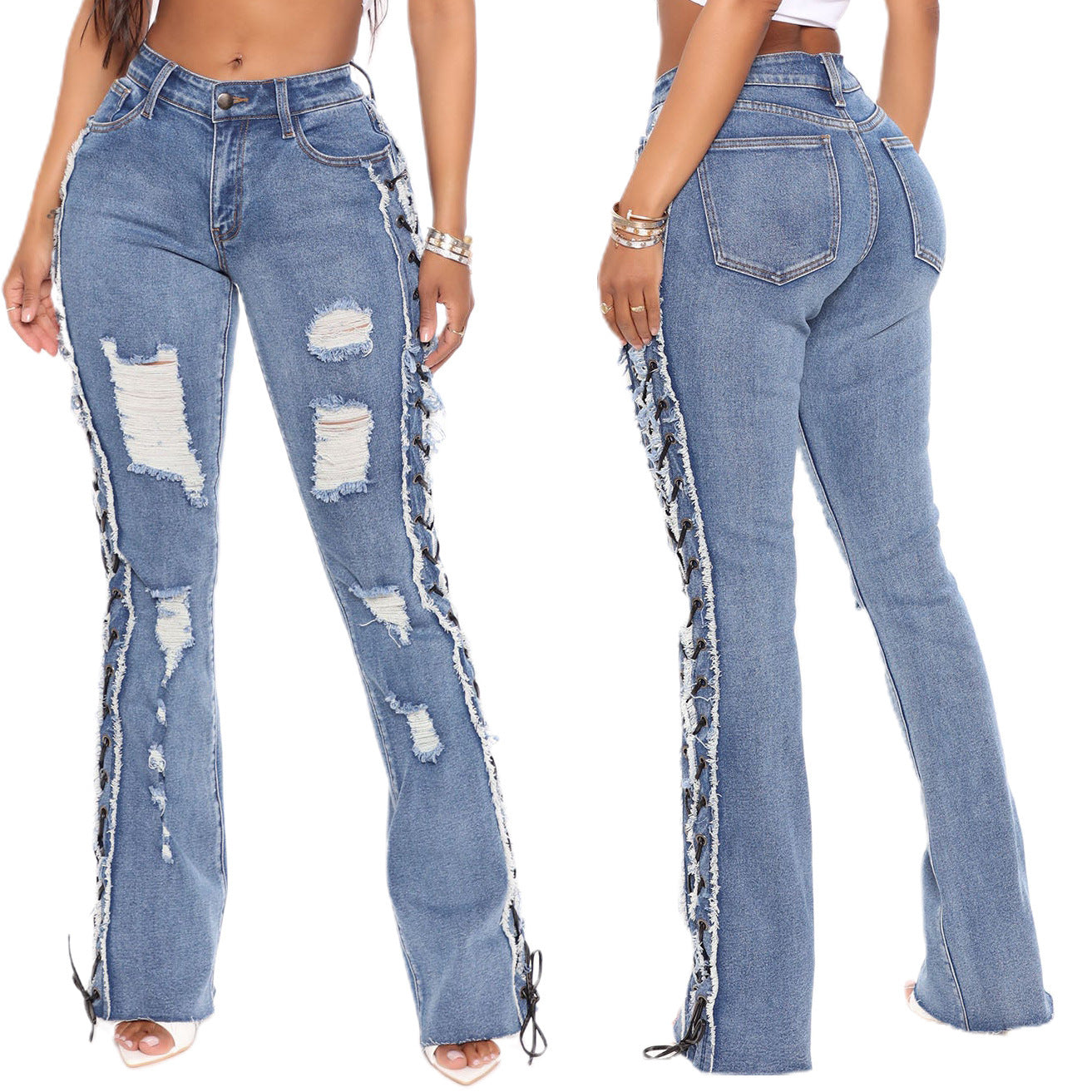 Eyelet Rope High Elasticity Slim Fit Ripped Denim Trousers