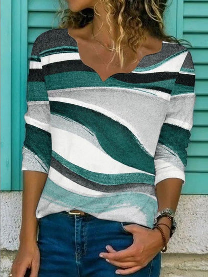 Women's New Smocked Print Loose V-Neck T-Shirt Top