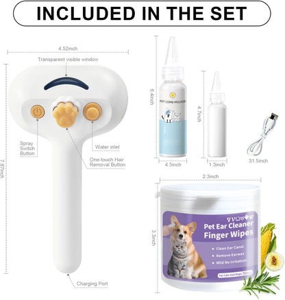Universal Pet Steam Brush For Cats And Dogs 3-in-1 Spray Hair Removal Comb With Waterless Shampoo