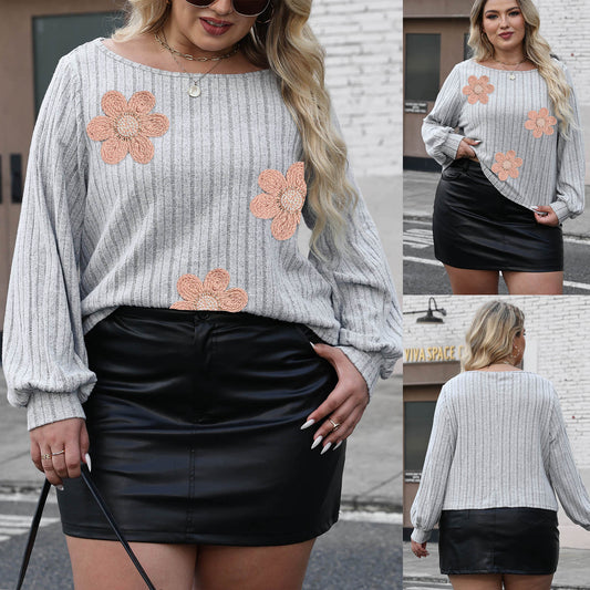 Loose Plus Size Women's Embroidered Flower Bead Stitching Sweater