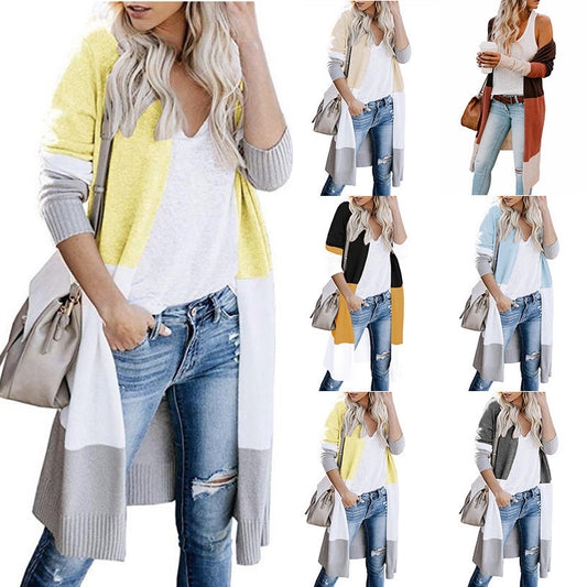 Knitwear Tricolor Stripe Panel Long Sweater Cardigan