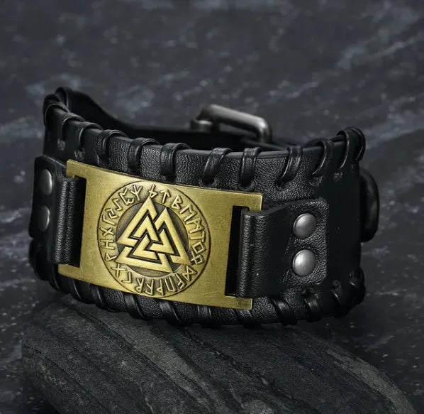 Leather Bracelet Nordic Viking Totem Triangle Energy Men's Leather Bracelet