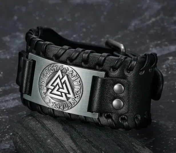 Leather Bracelet Nordic Viking Totem Triangle Energy Men's Leather Bracelet