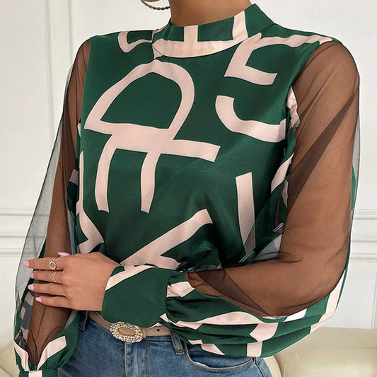 Round Neck Pullover Top Geometric Print Stitching Mesh Round Neck Pullover Top