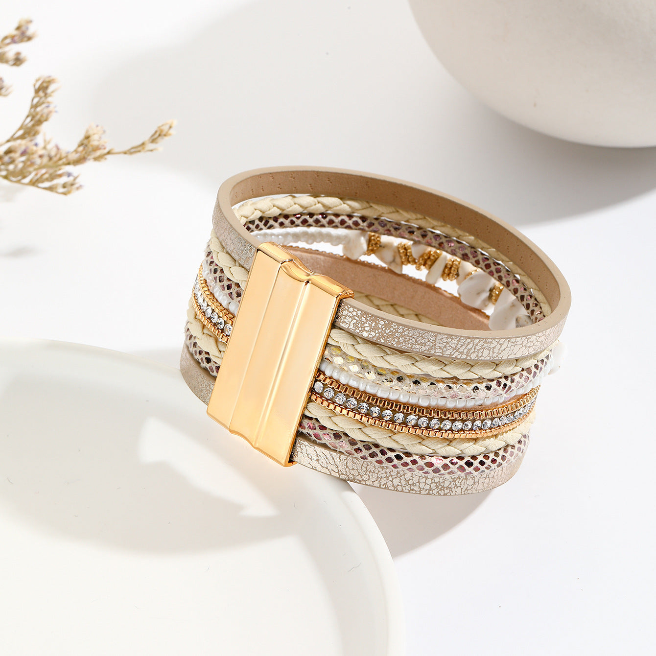 Irregular Turquoise Design Wide-brimmed Leather Bracelet Creative Rhinestone-encrusted - sumet.shop