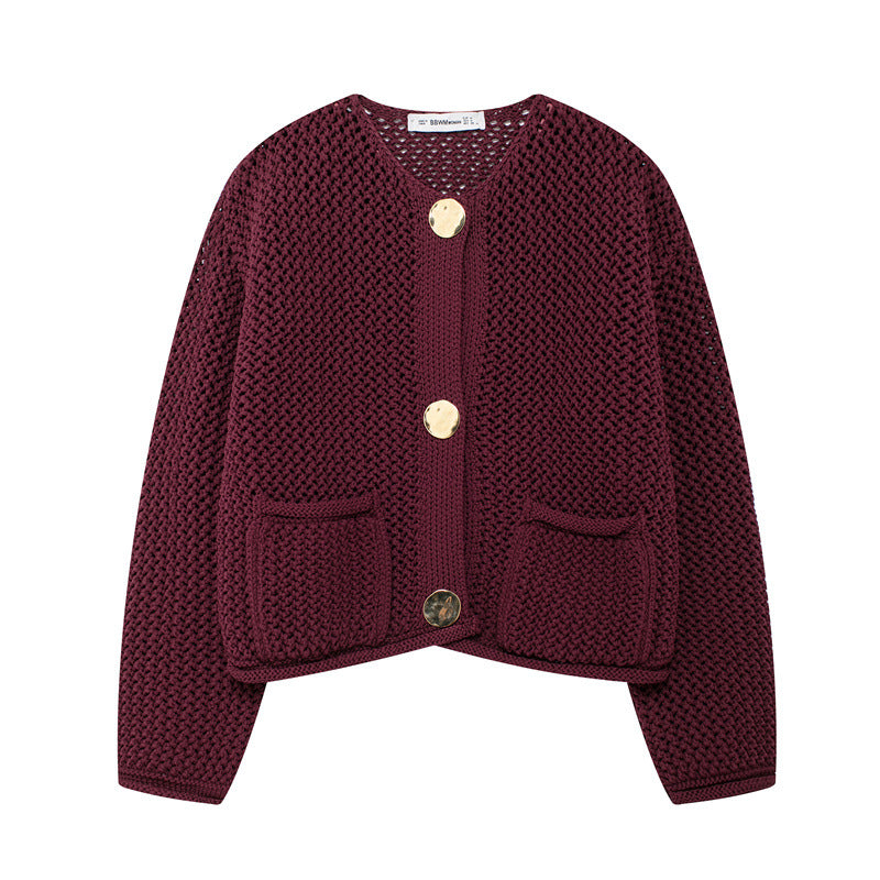 Women's Fashion Pocket Round Neck Thick Needle Knitted Coat