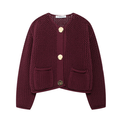 Women's Fashion Pocket Round Neck Thick Needle Knitted Coat