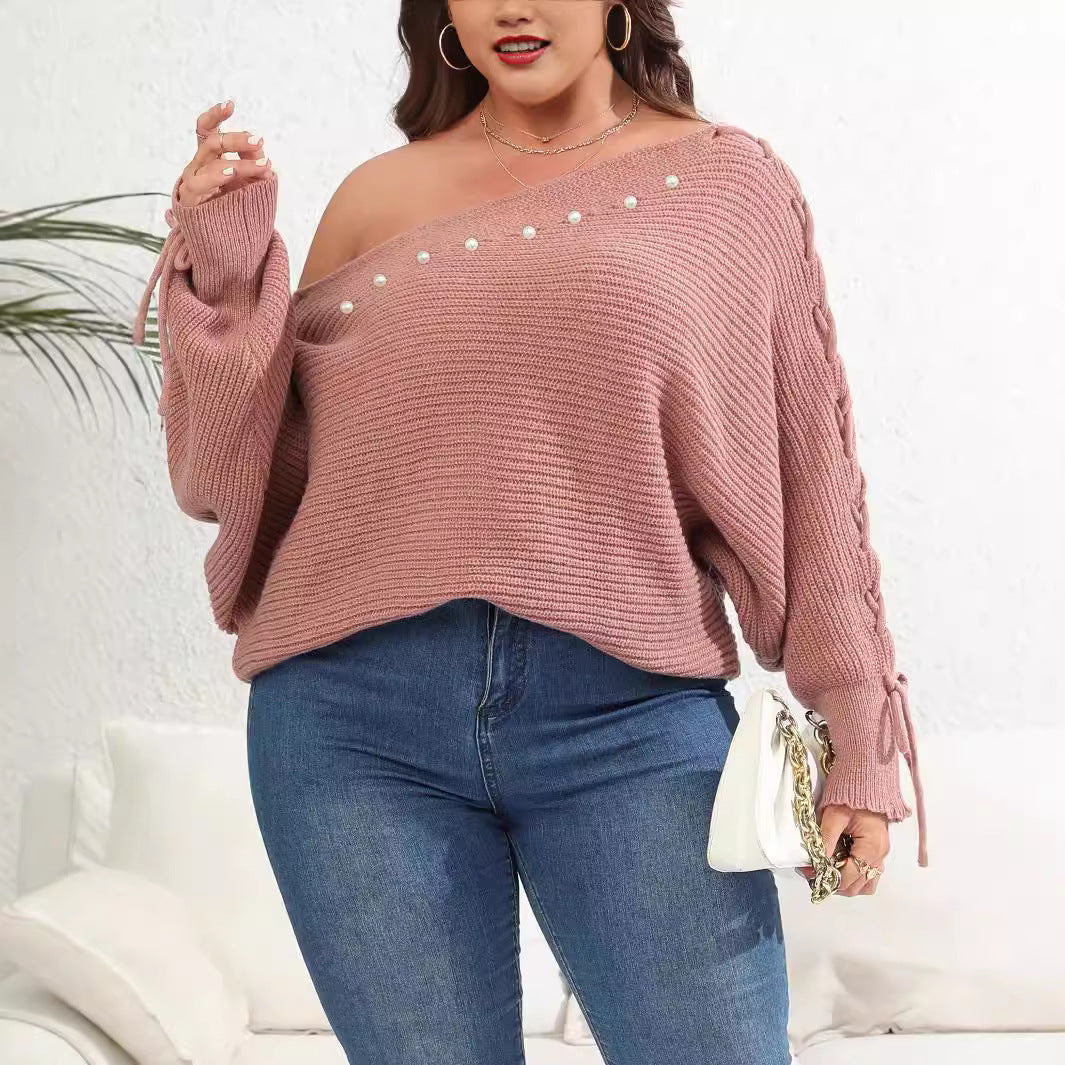 Sleeve Sweater Women's Top Plus Size Lace Up Batwing Sleeve Sweater