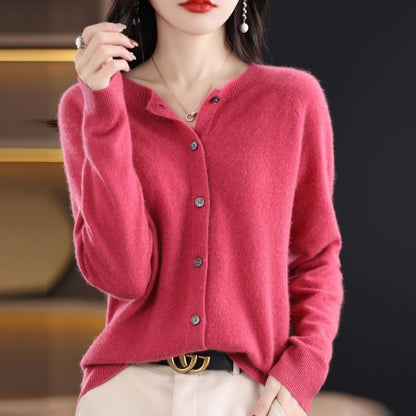 Cashmere Wool Cardigan Sweater Women's O-Neck Long-sleeve