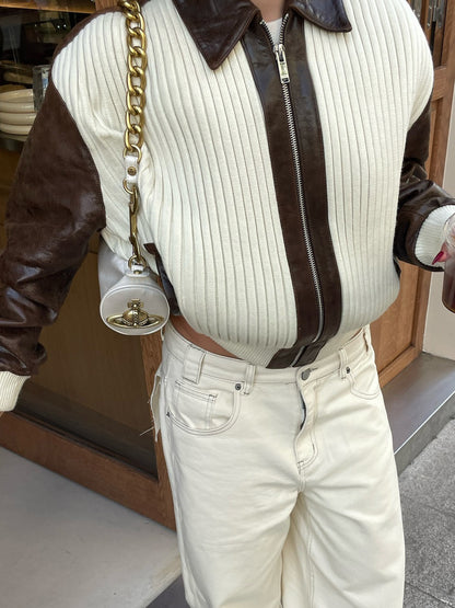 Fashionable Chic Knit-and-leather Patchwork Jacket