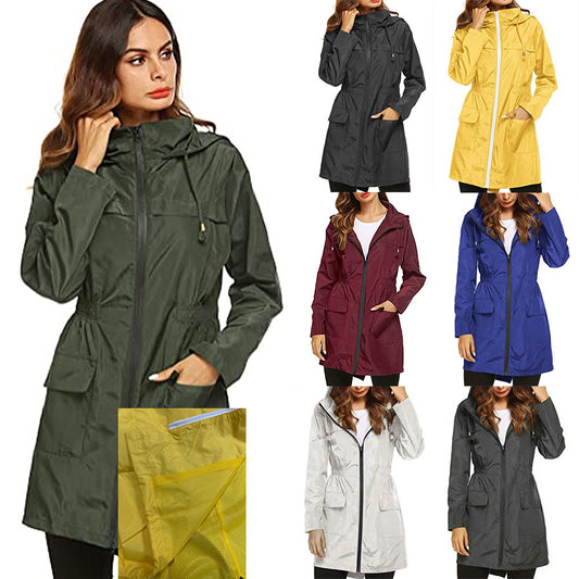 Women's Waist Hooded Raincoat Raincoat Mid-length Trench Coat