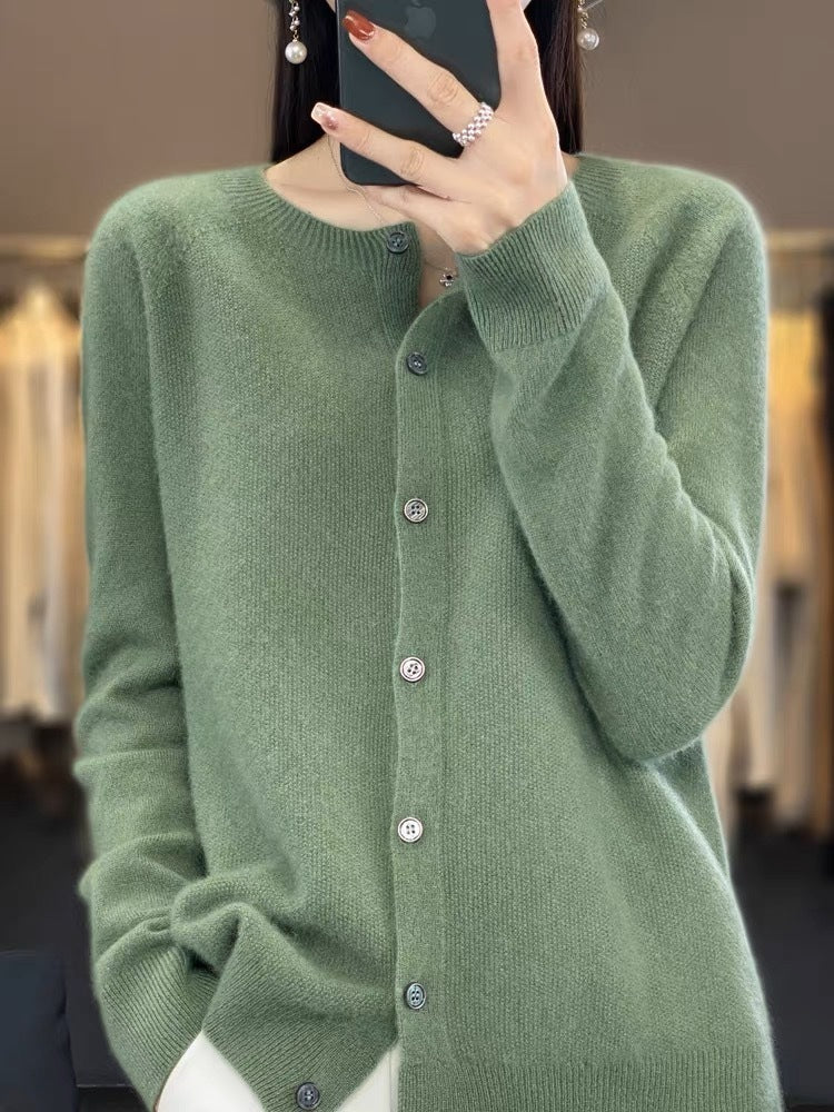 Cashmere Wool Cardigan Sweater Women's O-Neck Long-sleeve