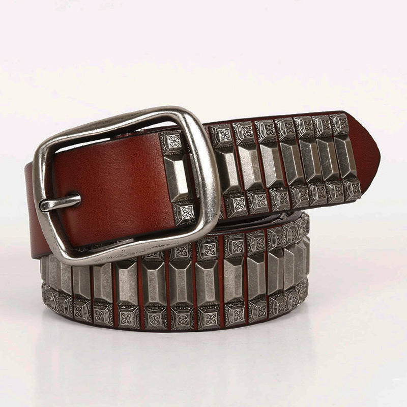 First Layer Cowhide Niche Pagoda Decorative Rivets Street Punk Belt - sumet.shop