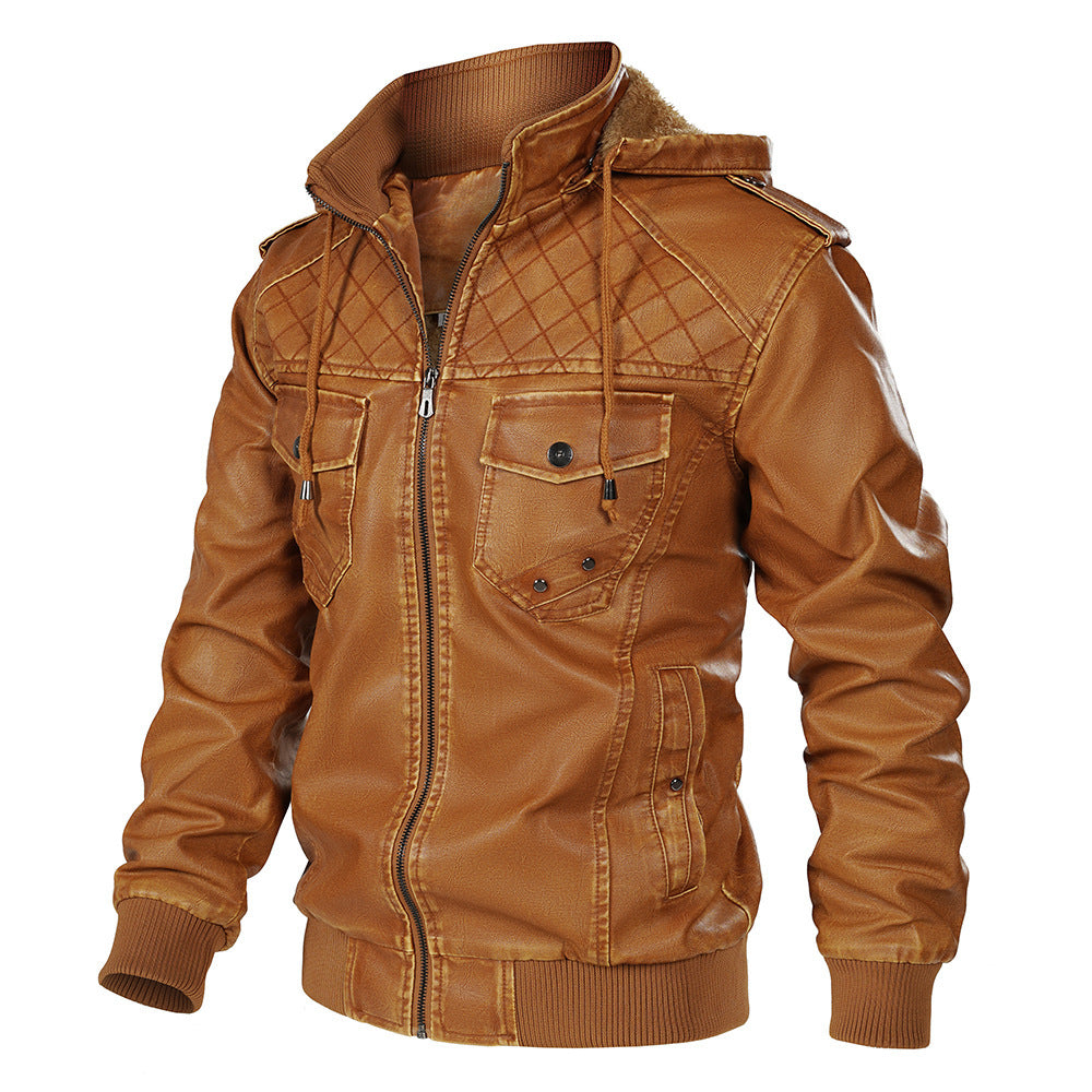 Hooded Leather Jacket Fleece-lined Men's Autumn And Winter New - sumet.shop