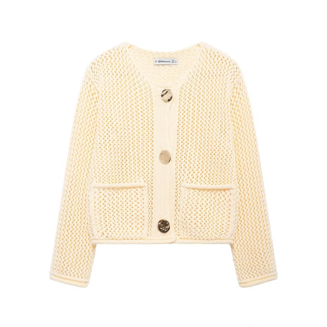 Women's Fashion Pocket Round Neck Thick Needle Knitted Coat