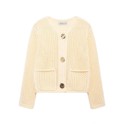 Women's Fashion Pocket Round Neck Thick Needle Knitted Coat