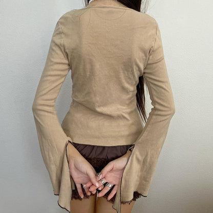 Women's Hollow Out Tied Split Flare Long-sleeved Top